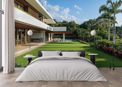 Modern Tropical Villa with Lush Lawn and Palm Trees Wall mural