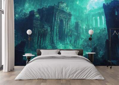 Mysterious Green Ruins With Stairs  Glowing Light and Fantasy Setting Wall mural