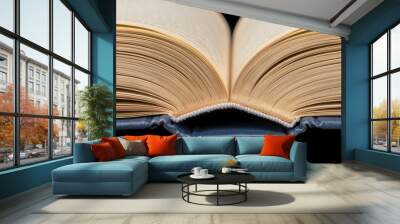 Open Book with Aged Pages and Blue Cover Wall mural