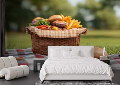 Picnic Basket with Burgers and Fries on Checkered Blanket Wall mural