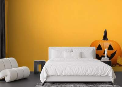 Smiling Jack o  Lantern with Autumn Leaves on Yellow Background Wall mural