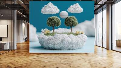 Surreal 3D Render of Miniature Trees and Clouds on a Floating Island Wall mural