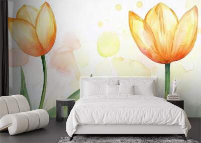 Watercolor Painting of Two Yellow Tulips with Green Leaves on a White Background Wall mural