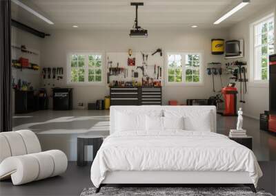 Well Lit Garage Workshop with Tools and Storage Wall mural