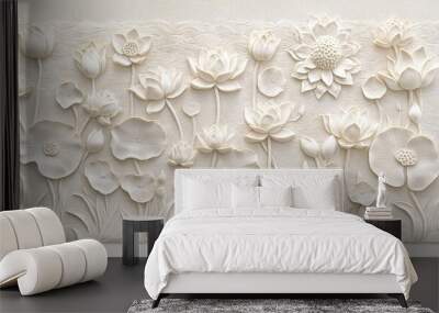 White Lotus Flower Relief Sculpture on Beige Wall Wall mural