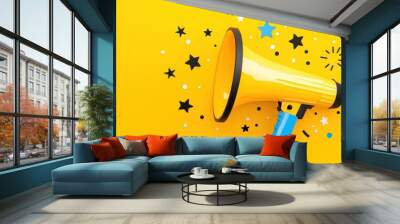 Yellow Megaphone With Stars On Yellow Background Wall mural