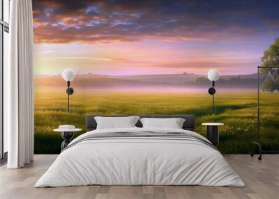 A beautiful, serene landscape with a tree in the foreground and a sun setting in the background Wall mural