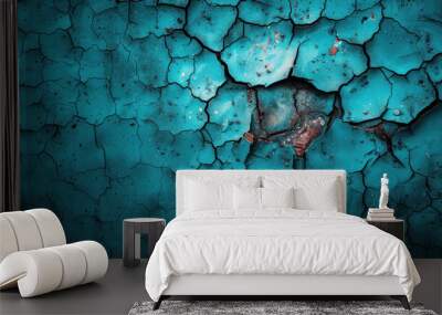 A blue wall with cracks and holes. The wall is blue and has a rough texture Wall mural