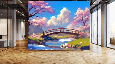 A bridge spans a river with a bridge in the background Wall mural