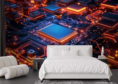 A computer chip is lit up in orange and blue. The chip is surrounded by other computer chips and wires Wall mural