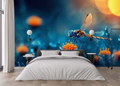 A dragonfly is flying over a field of flowers Wall mural