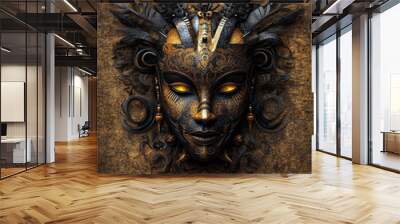 A gold mask with black feathers and gold trim Wall mural