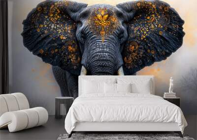 A large elephant with gold and black paint on its face. The elephant is standing in a forest with a foggy sky in the background Wall mural