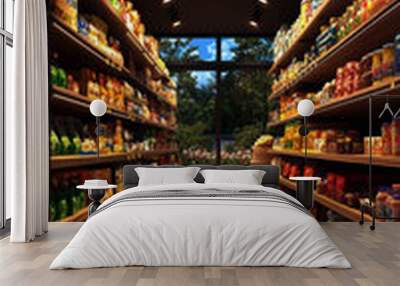 A long aisle of a grocery store with a lot of food on the shelves Wall mural