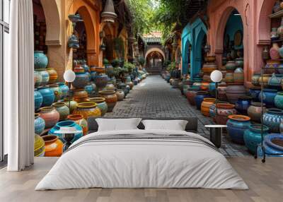 A long row of colorful vases are displayed in a market Wall mural