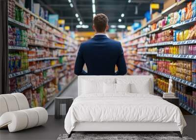 A man in a suit stands in a grocery store aisle looking at the food Wall mural