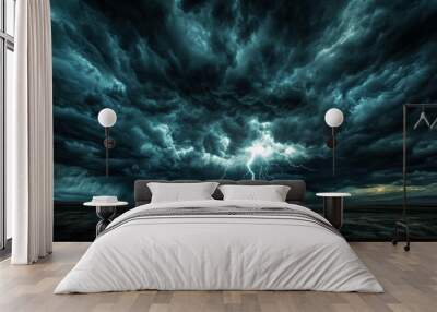 A stormy sky with a lightning bolt in the middle. The sky is dark and ominous, and the lightning bolt is a symbol of danger and power Wall mural