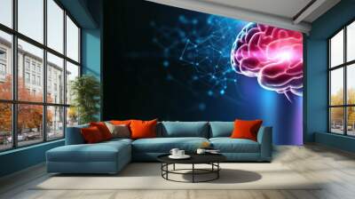 A vibrant representation of a human brain surrounded by a digital network, symbolizing the intersection of neuroscience and technology, emphasizing the complexity and beauty of human cognition. Wall mural