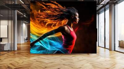 A woman with long hair is dancing in a red tank top. The image is a colorful and dynamic representation of a woman in motion. The vibrant colors and the woman's flowing hair create a sense of energy Wall mural