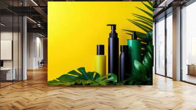 Brightly colored beauty products stand amidst tropical leaves, creating a striking visual against a sunny yellow backdrop. Perfect for eco-friendly cosmetics and skincare branding inspiration. Wall mural