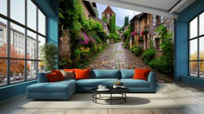 Charming medieval village street with cobblestone path, lush greenery, and rustic houses on a cloudy day. Wall mural