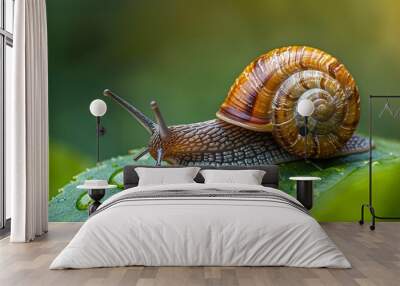 Close-up of a snail on a green leaf with water droplets, showcasing intricate shell patterns and natural beauty in a serene outdoor setting. Wall mural