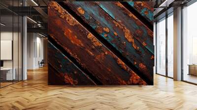 Discover the captivating blend of rust and color on weathered wooden planks, showcasing the beauty of aging materials. A striking visual of nature's impact on craftsmanship. Wall mural