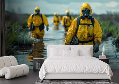 Group of people wearing yellow hazmat suits and masks wading through water in a marsh or wetland area on an overcast day. Wall mural