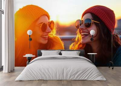 Two friends laugh joyfully while enjoying a sunset, wearing vibrant beanies and sunglasses, capturing the essence of happiness and togetherness in a beautiful outdoor setting. Wall mural