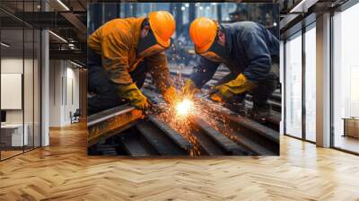 Two men wearing orange and yellow safety gear are working on a train track. One of the men is holding a tool and the other is kneeling down. The scene is intense and dangerous Wall mural