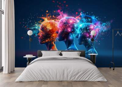 Vibrant digital art featuring abstract human head silhouettes with colorful splashes, symbolizing creativity, imagination, and innovation. Wall mural