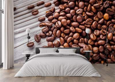 aromatic fresh coffee beans on a white wooden rustic background Wall mural