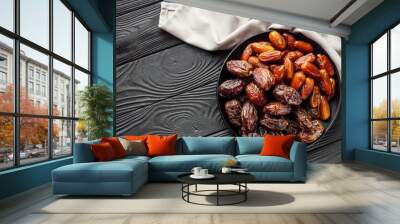 juicy royal dates on a black wooden rustic background Wall mural