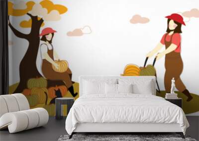 pumpkin girl farmer with black cat Wall mural