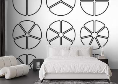 Circle segments set. Various number of sectors divide the circle on equal parts. From 2 to 10. Black thin outline graphics with no fill. Wall mural