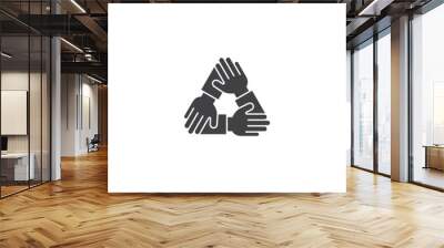 Teamwork, three hands support each other, mutual triangle. Vector outline icon illustration Wall mural