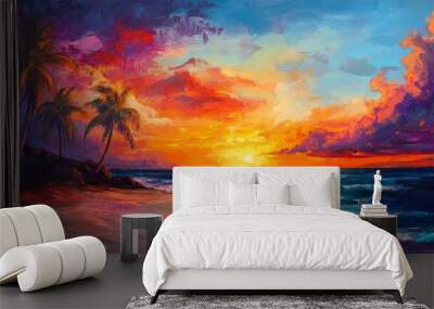 A captivating painting depicting a vibrant sunset over a tropical beach, showcasing the beauty of nature with warm hues, palm trees swaying in the breeze, and the gentle lapping of waves. This image s Wall mural