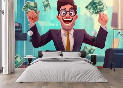 A cartoon businessman joyfully celebrates financial success, symbolizing achievement, wealth, prosperity, ambition, and happiness. Wall mural