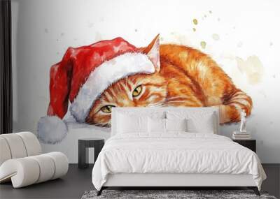 A charming watercolor illustration of a ginger cat wearing a Santa hat, capturing the spirit of Christmas. The cat's relaxed pose and playful expression evoke a sense of warmth and joy, making this a  Wall mural