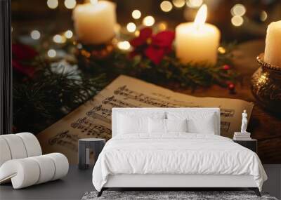 A Christmas carol music sheet lays open on a wooden table, illuminated by the warm glow of two candles. The scene is further adorned with festive decorations, including red poinsettia flowers, green g Wall mural