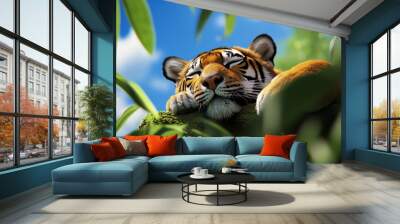 A close-up shot of a cute tiger resting peacefully in a lush tropical paradise.  The tiger's relaxed posture and tranquil surroundings symbolize peace, serenity, and the beauty of nature. The image ca Wall mural