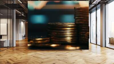 A close-up shot of a stack of coins, symbolizing financial growth, stability, and wealth, with a blurred background of a stock market chart. Wall mural