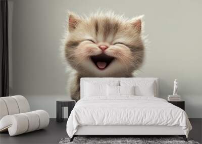 A cute and fluffy kitten with a big smile, showcasing joy and innocence. This 3D  captures the playful and loving nature of kittens, symbolizing happiness, companionship, and pure joy. Wall mural