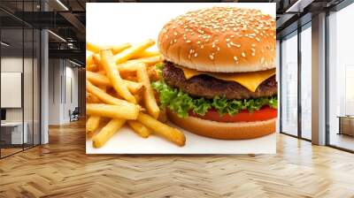 A mouthwatering cheeseburger with a juicy beef patty, melted cheese, fresh lettuce, and tomato, served with a side of golden-brown french fries. Wall mural