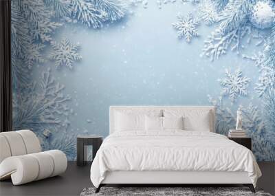 A serene winter scene featuring a snowy border frame crafted from frosted pine branches and delicate snowflakes, creating a picturesque backdrop for winter holidays and festive messages. It symbolizes Wall mural