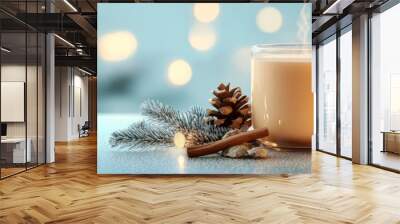 A steaming mug of chai tea sits on a table with a festive winter backdrop of pine branches, cinnamon sticks, and warm fairy lights. The scene evokes a cozy winter evening with a warm and comforting dr Wall mural