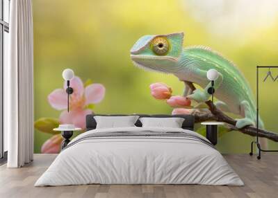 A vibrant green chameleon perched on a branch adorned with delicate pink blossoms, symbolizing nature's beauty, adaptability, and the delicate balance of life. Wall mural