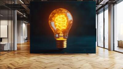 A vintage-style light bulb illuminates with a warm, golden glow. The filament inside creates intricate patterns, symbolizing creativity, inspiration, knowledge, progress, and innovation. Wall mural