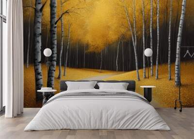 A winding path leads through a forest of golden birch trees, the sunlight filtering through the leaves creates a warm and inviting atmosphere.  The path symbolizes a journey of discovery, the golden l Wall mural