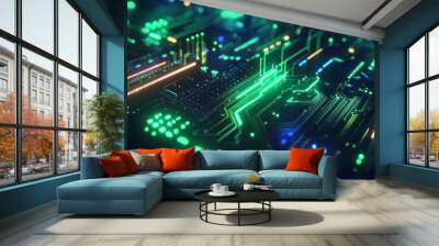 An abstract image of a circuit board, illuminated with bright green and blue lines. It symbolizes technology, innovation, digital connectivity, and the future of computing. Wall mural